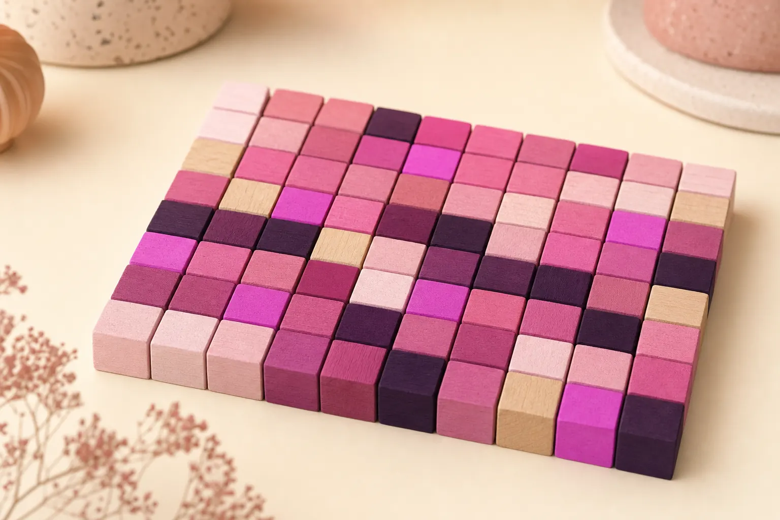 Grid of small wooden cubes painted in shades from pale rose to deep fuchsia and plum, with a few left bare