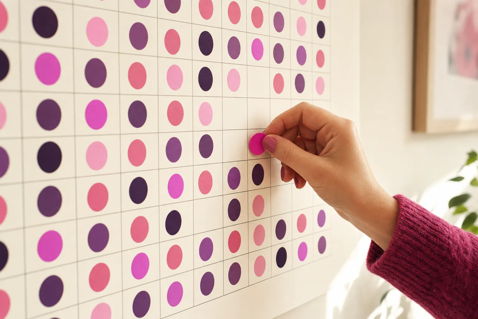 Hand pressing a bright pink dot sticker onto a wall grid already dotted with pink, violet and plum stickers