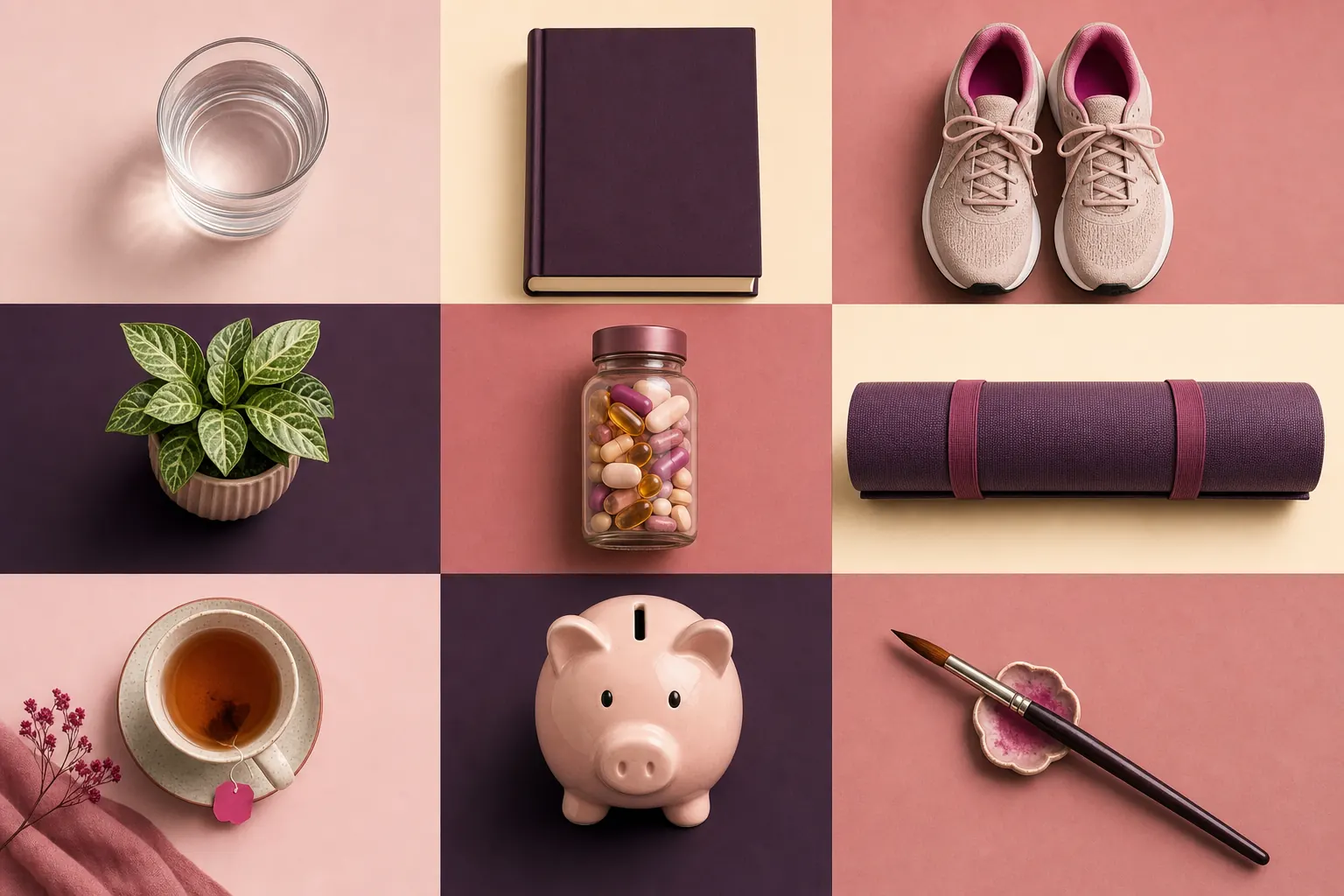 Flat lay of everyday objects in a grid: a glass of water, a book, running shoes, a plant, vitamins, a yoga mat, tea and a piggy bank