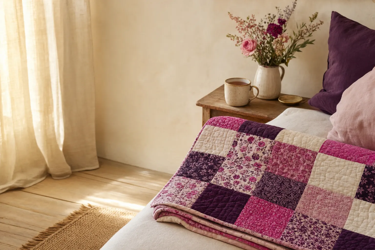 Patchwork quilt in pink and plum prints folded on a bed, with a mug of tea on a side table