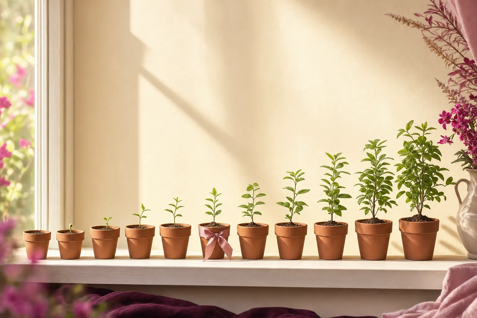 Row of terracotta pots on a sunny windowsill, each seedling a little taller than the last
