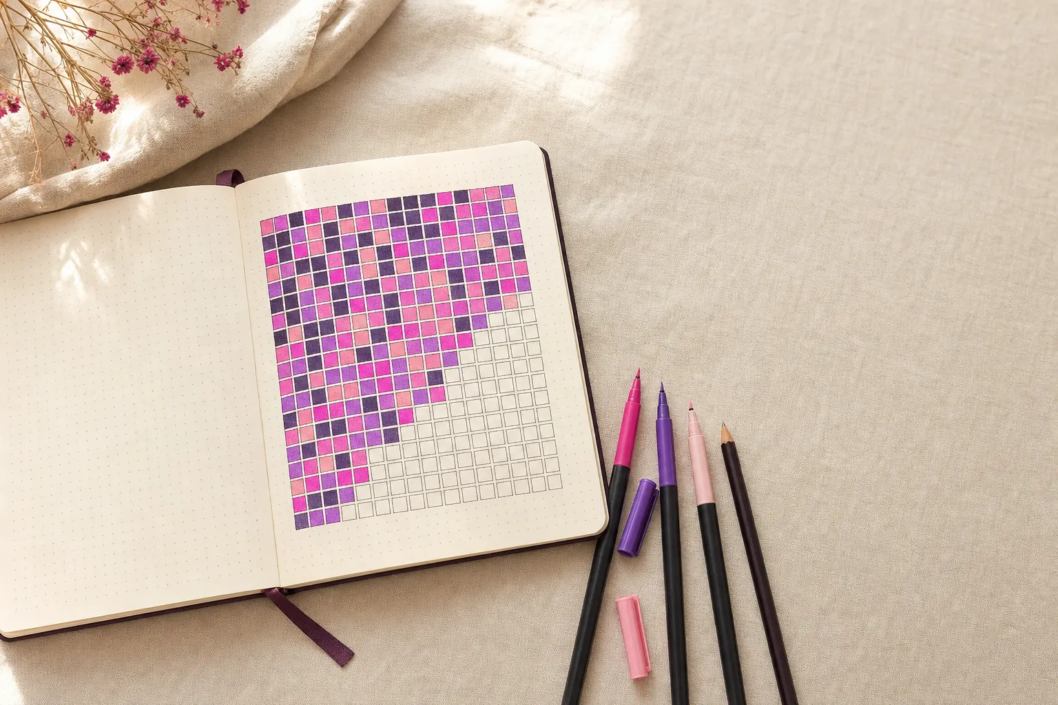 Open dot-grid notebook with a hand-drawn grid of small squares, most colored in pink and violet, with pens beside it