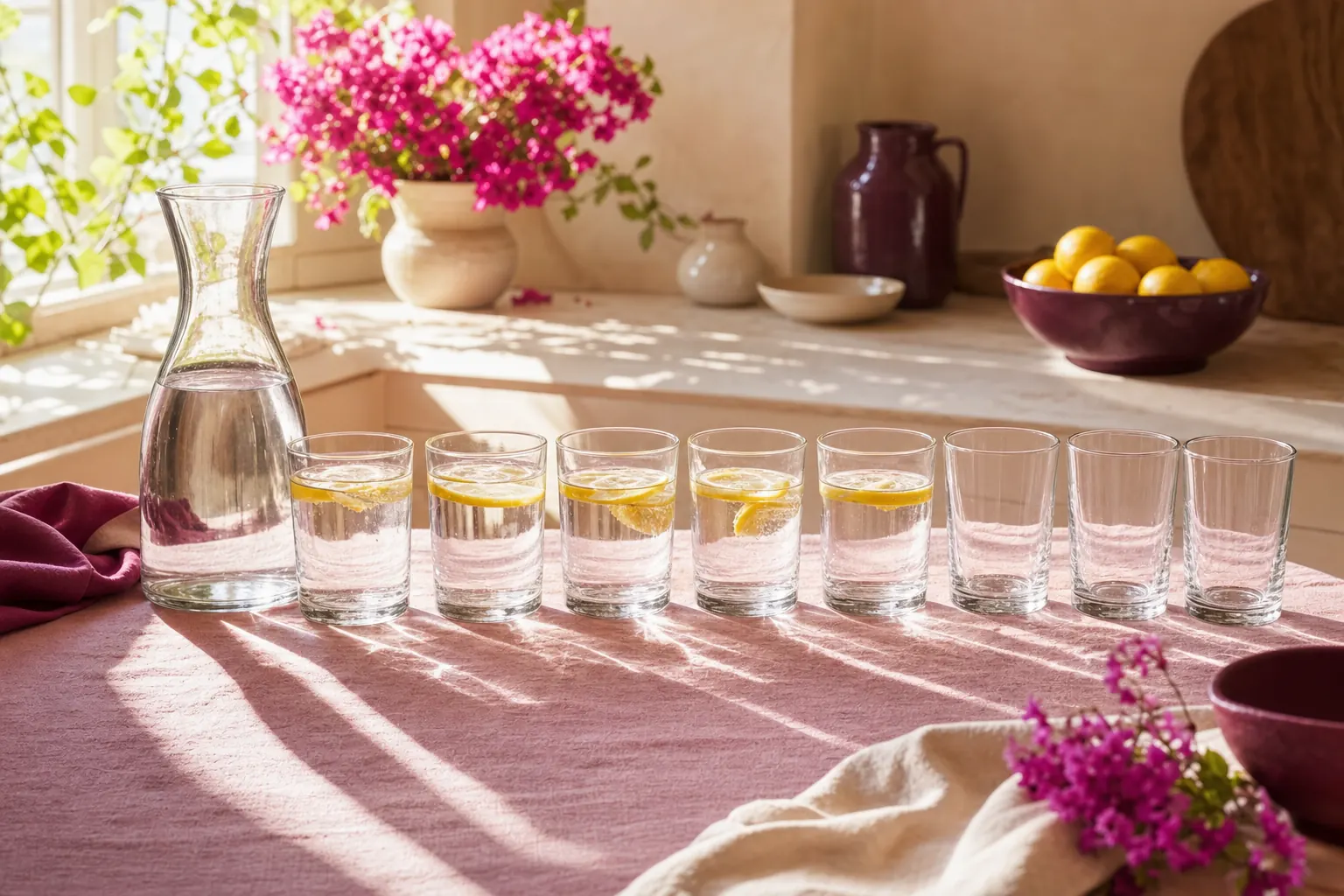 Glass carafe and a row of eight drinking glasses on a pink tablecloth, five filled with water and lemon
