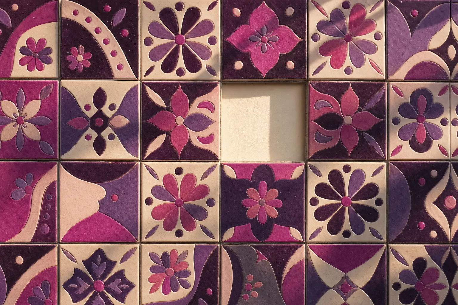 Wall of patterned pink and purple ceramic tiles with a single tile missing