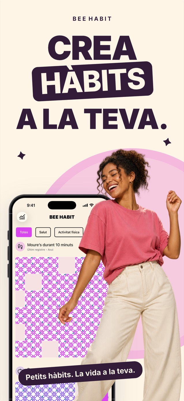 L'app Bee Habit amb una graella d'hàbit plena d'un patró floral rosa, al costat d'una dona que balla somrient