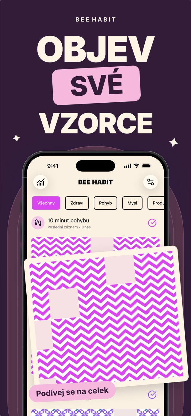 Mřížka návyku v Bee Habit, kde je každý splněný den růžová dlaždice s cik-cak vzorem a vynechané dny jsou prázdná místa