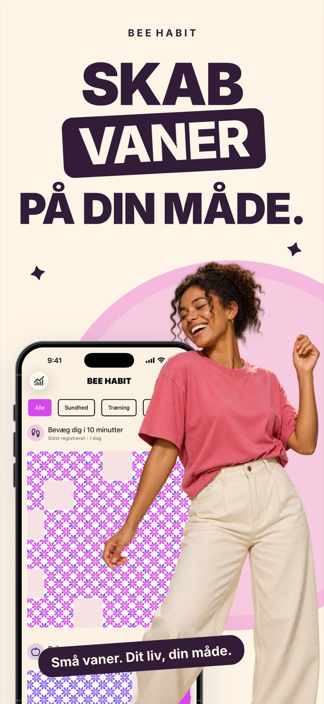 Bee Habit-appen med et vanegitter fyldt med et lyserødt blomstermønster ved siden af en smilende, dansende kvinde