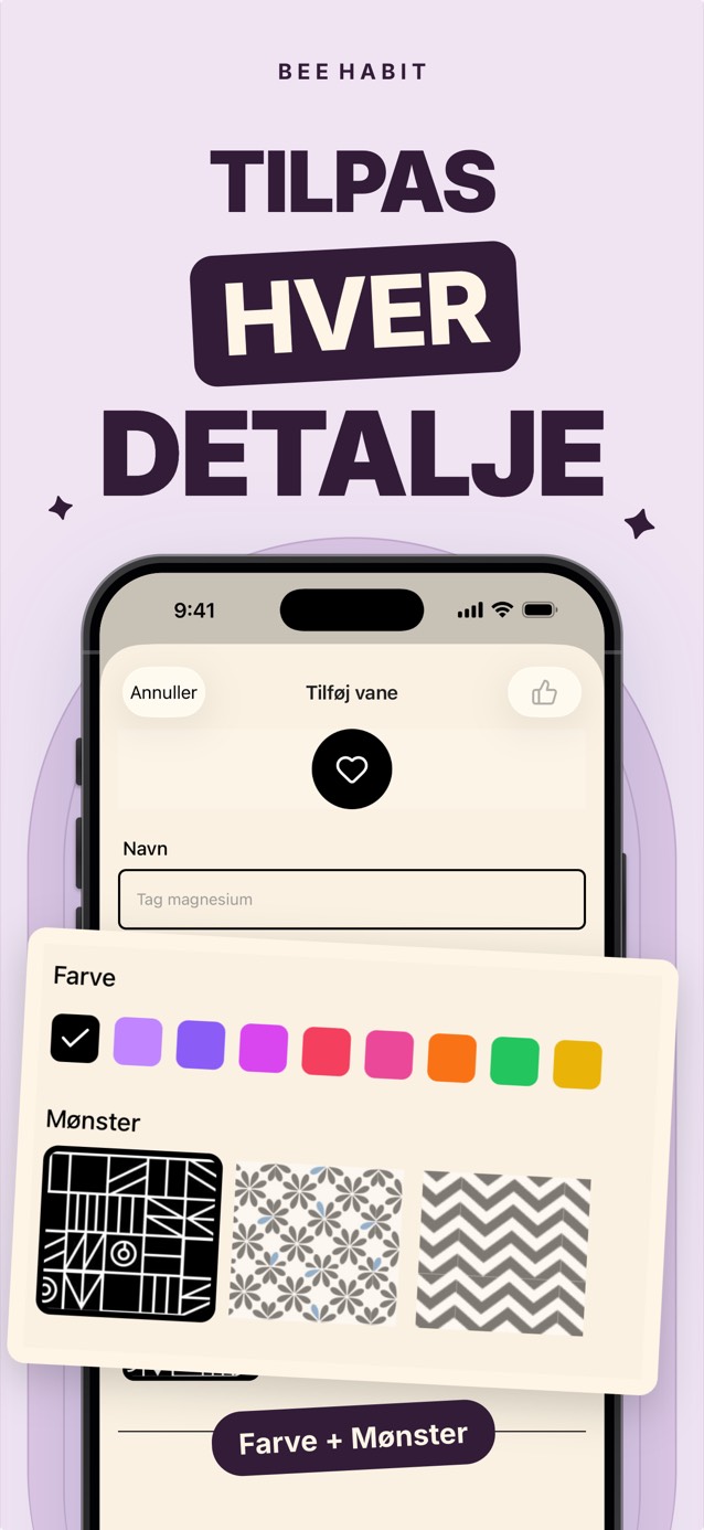 Bee Habits vaneeditor med en farvepalet og et udvalg af flisemønstre