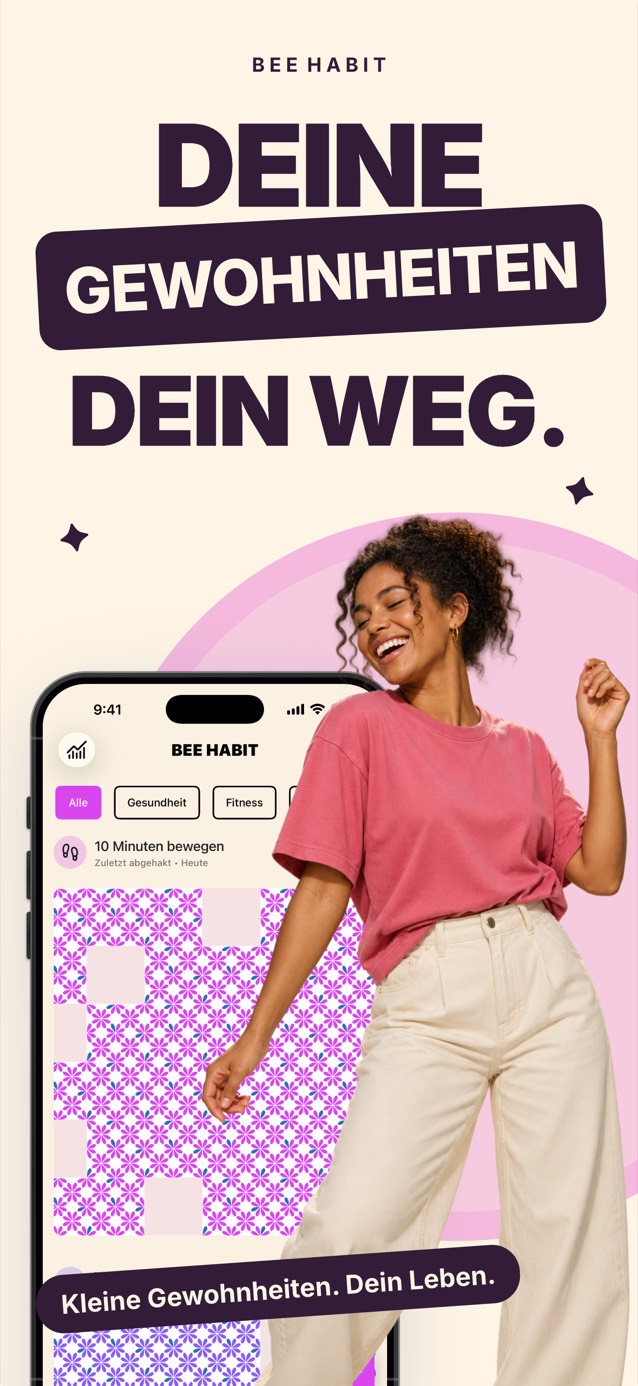 Bee Habit App mit einem Gewohnheitsraster in rosa Blumenmuster, daneben eine lächelnde, tanzende Frau