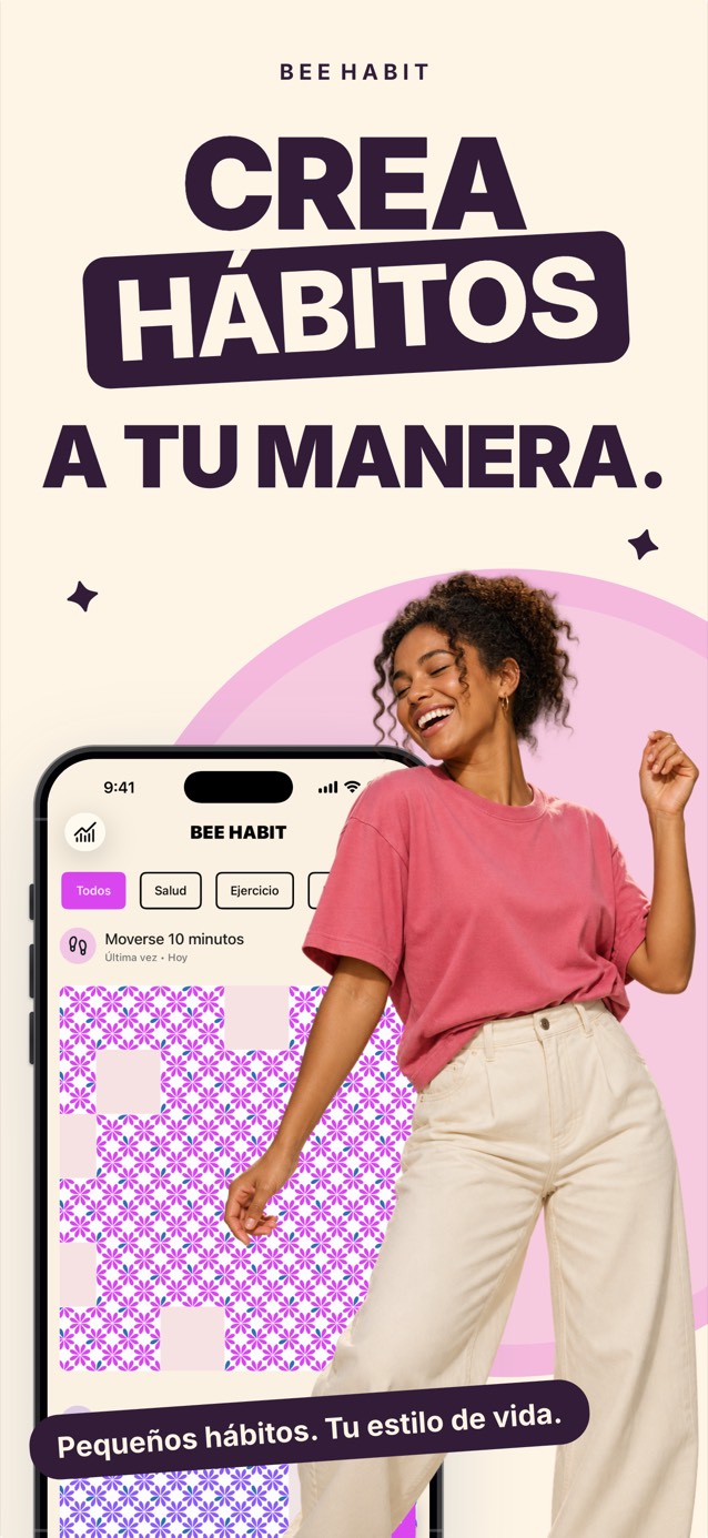 App Bee Habit con una cuadrícula de hábitos llena de un patrón floral rosa, junto a una mujer sonriente que baila