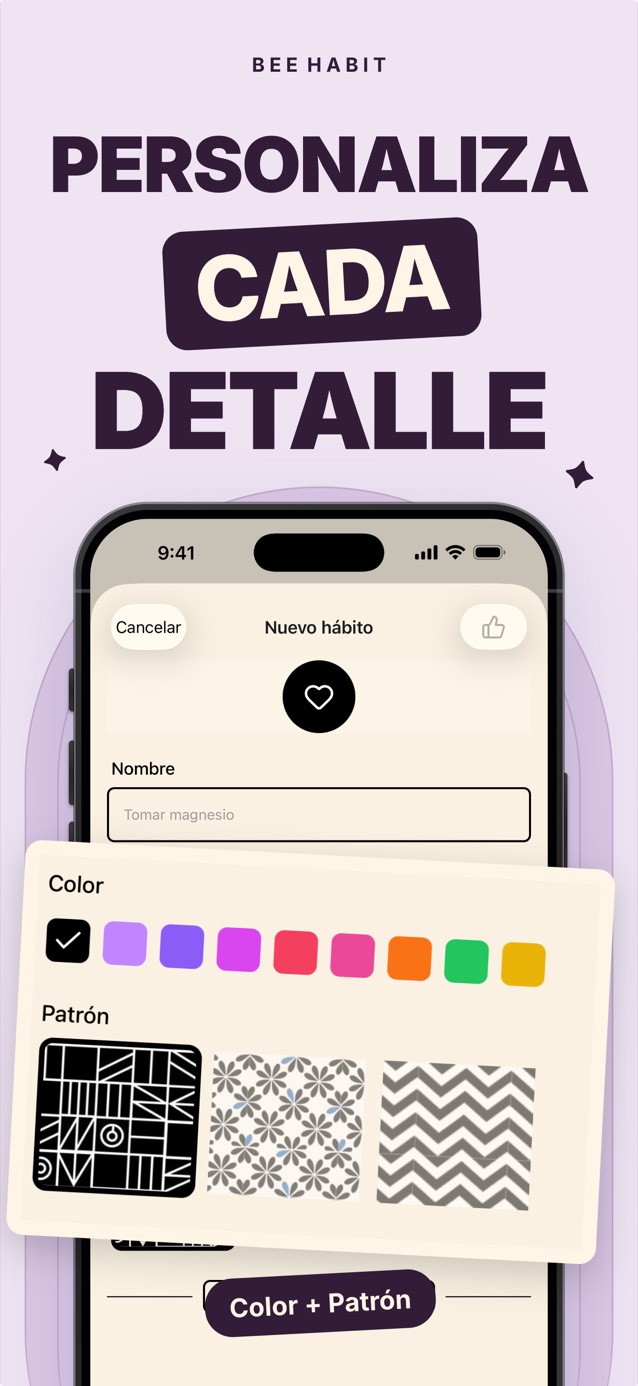 Editor de hábitos de Bee Habit con una paleta de colores y una selección de patrones para las casillas