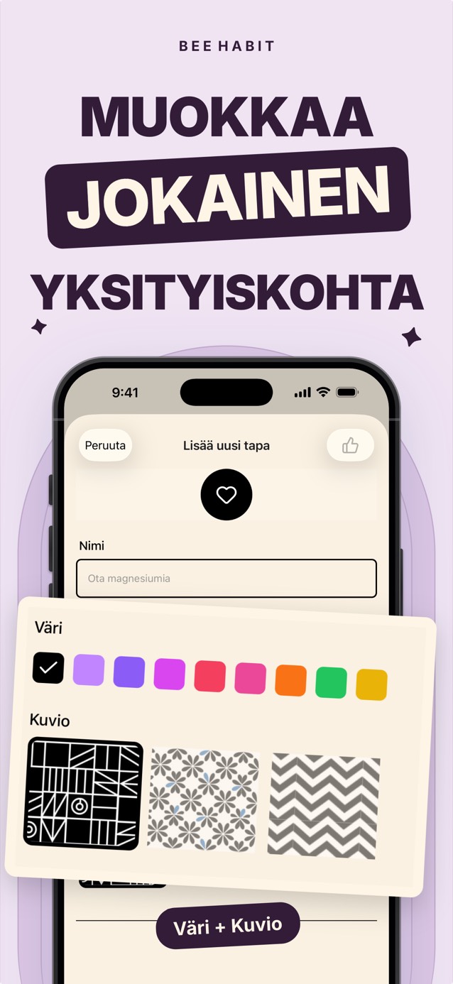 Bee Habitin tavan muokkausnäkymä, jossa on väripaletti ja valikoima ruutukuvioita