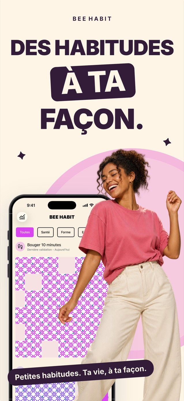 L’app Bee Habit affichant une grille d’habitude remplie d’un motif floral rose, à côté d’une femme souriante qui danse