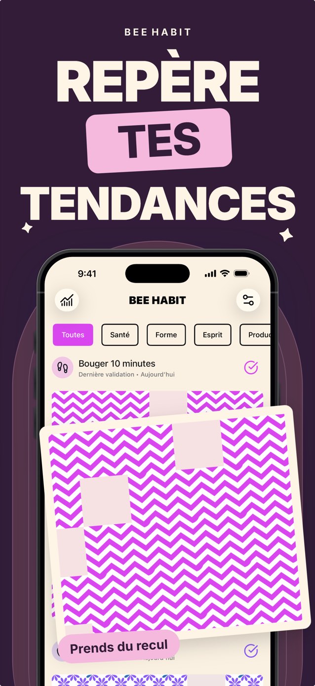 Grille d’habitude dans Bee Habit où chaque jour accompli est une case à chevrons roses et les jours manqués restent vides