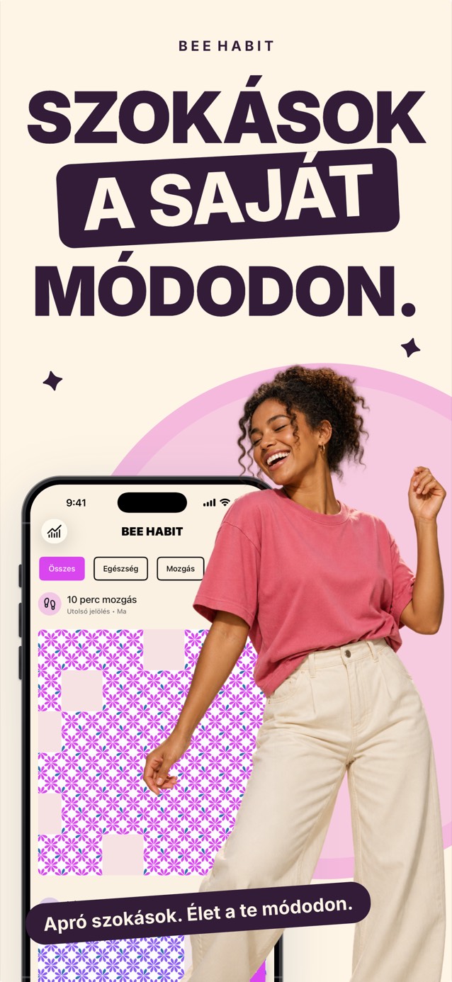A Bee Habit app rózsaszín virágmintával kitöltött szokásráccsal, mellette egy mosolyogva táncoló nő