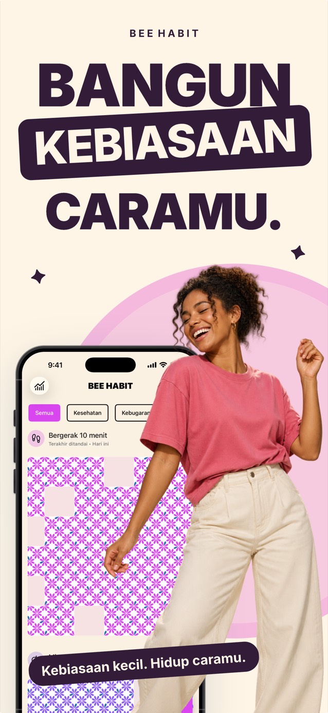 Aplikasi Bee Habit dengan kisi kebiasaan berpola bunga merah muda, di samping seorang perempuan yang menari sambil tersenyum