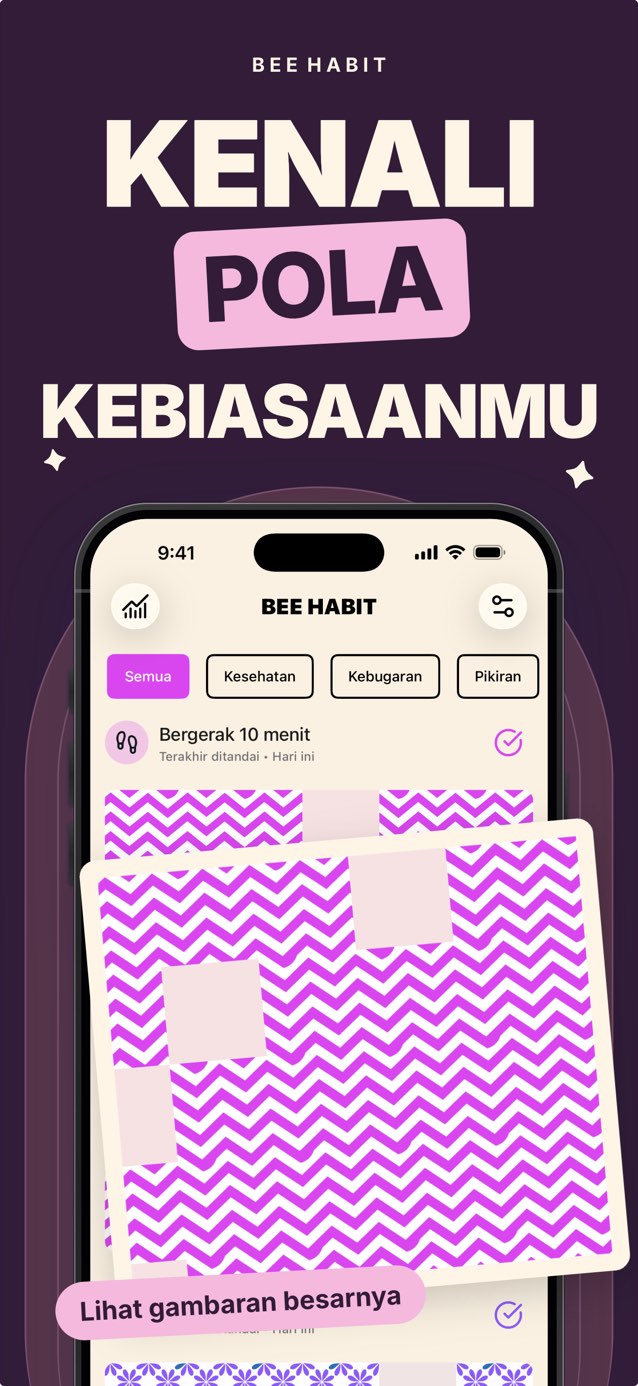 Kisi kebiasaan di Bee Habit: setiap hari yang selesai jadi ubin chevron merah muda, hari yang terlewat jadi celah kosong