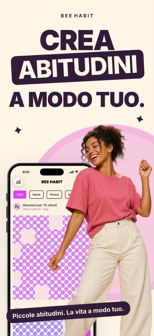 L'app Bee Habit con una griglia delle abitudini piena di un motivo floreale rosa, accanto a una donna sorridente che balla