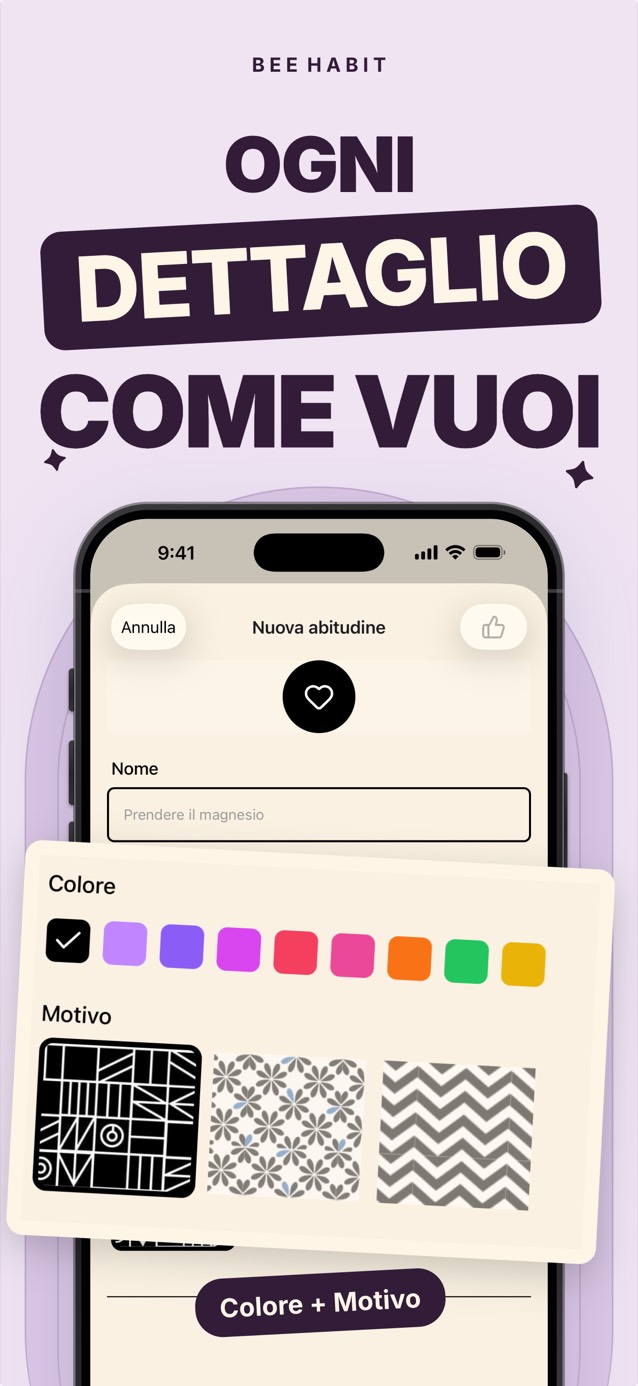 L'editor delle abitudini di Bee Habit con una tavolozza di colori e una scelta di motivi per le tessere