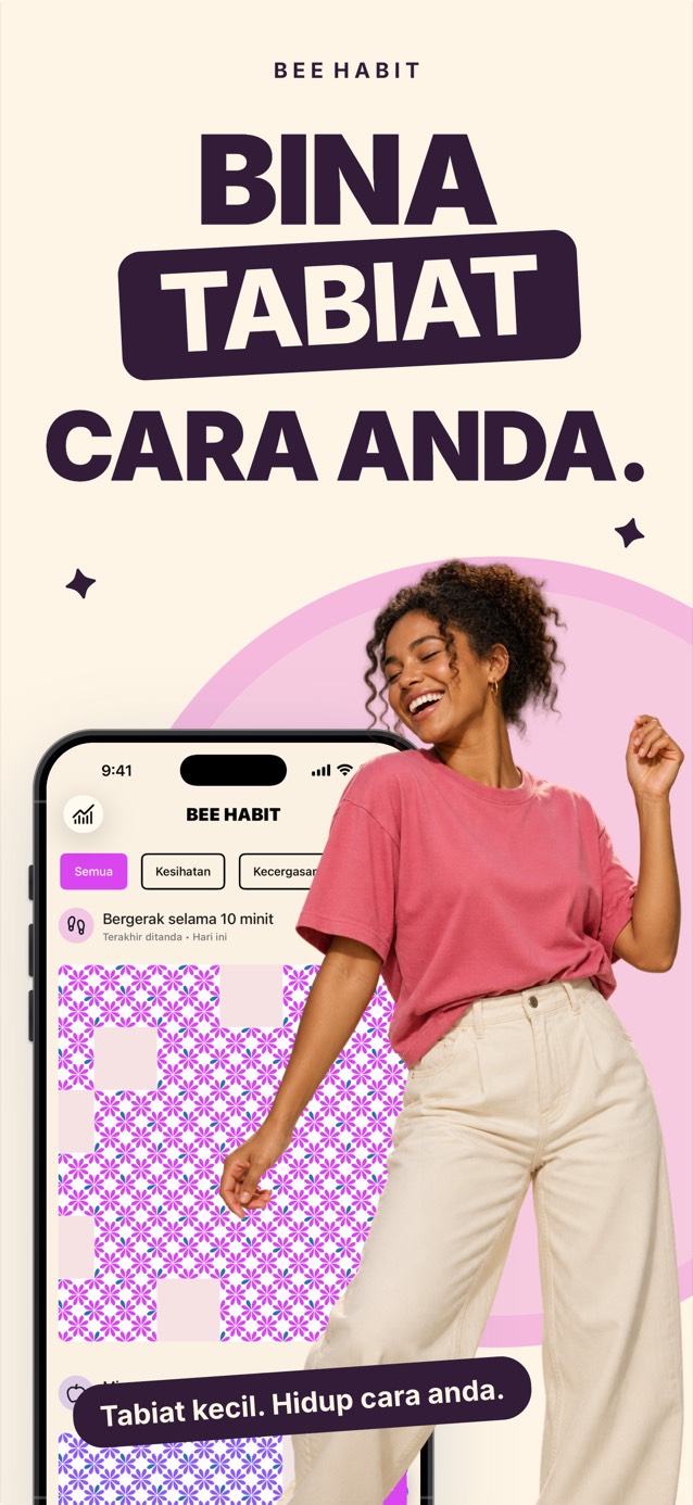 Aplikasi Bee Habit menunjukkan grid tabiat yang dipenuhi corak bunga merah jambu, di sebelah seorang wanita yang menari sambil tersenyum