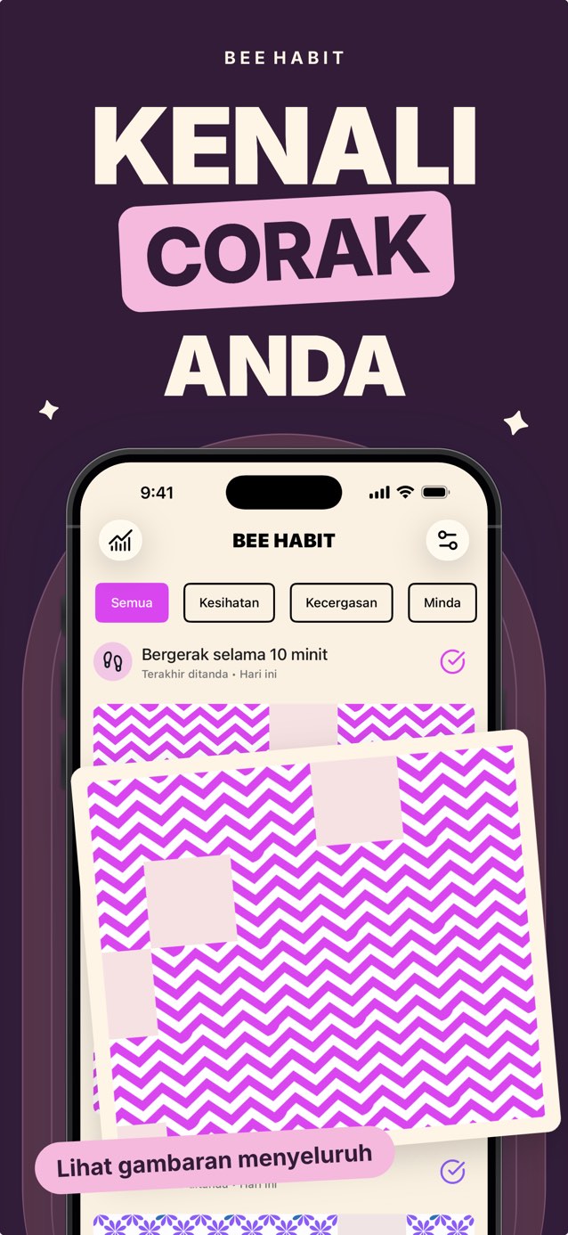 Grid tabiat dalam Bee Habit: setiap hari yang selesai menjadi jubin chevron merah jambu dan hari yang terlepas menjadi ruang kosong