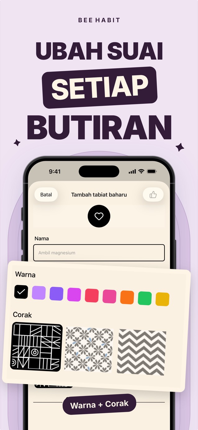 Penyunting tabiat Bee Habit dengan palet warna dan pilihan corak jubin