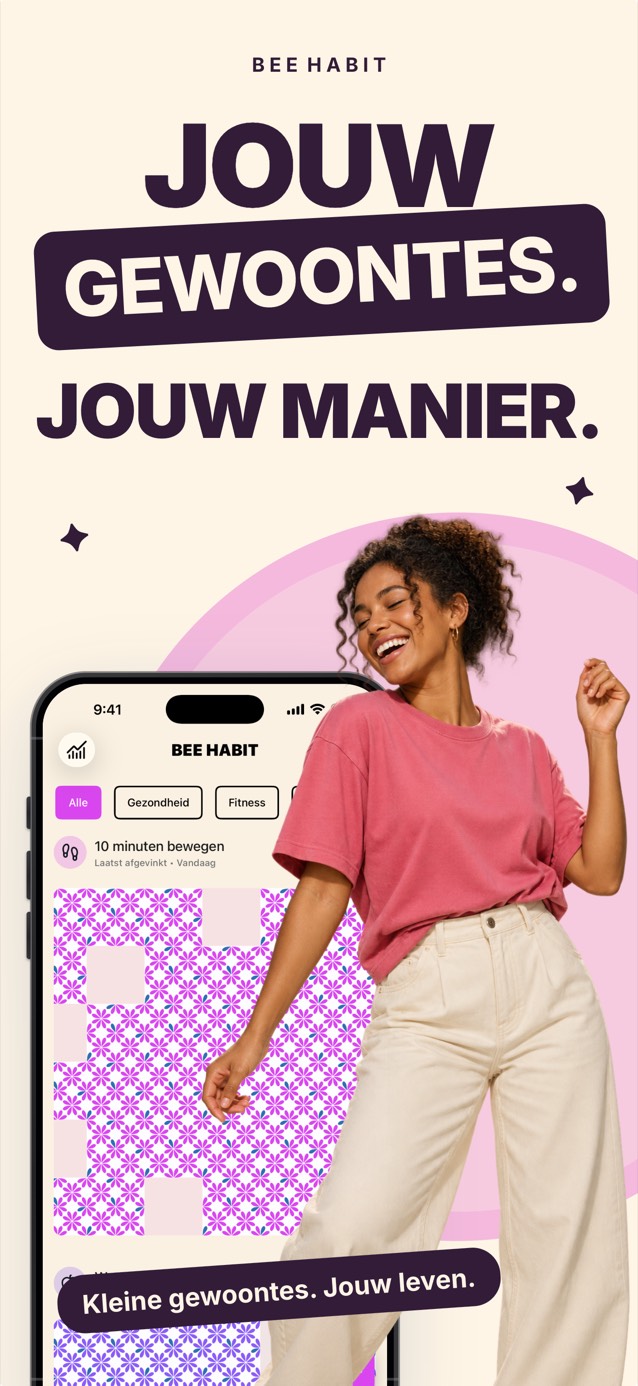De Bee Habit-app met een gewoonteraster vol roze bloemenpatroon, naast een lachende, dansende vrouw