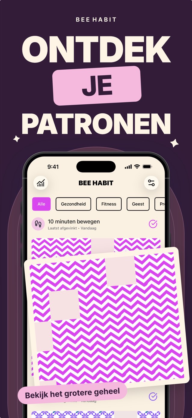 Gewoonteraster in Bee Habit waarin elke voltooide dag een roze zigzagtegel is en gemiste dagen leeg blijven