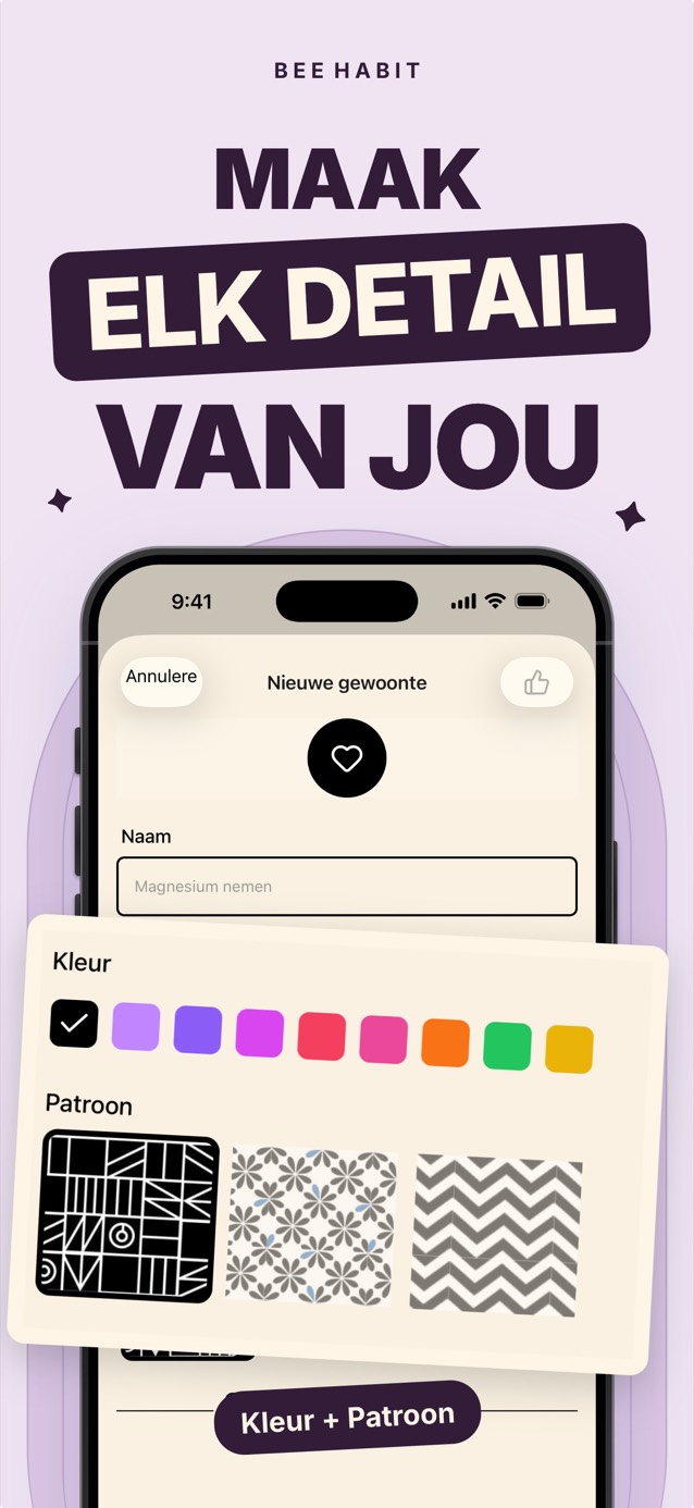 De gewoonte-editor van Bee Habit met een kleurenpalet en een keuze aan tegelpatronen
