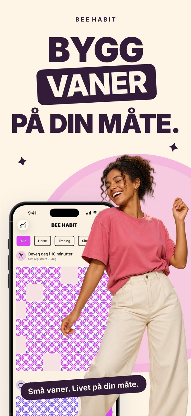 Bee Habit-appen med et vanerutenett fylt med et rosa blomstermønster, ved siden av en smilende kvinne som danser