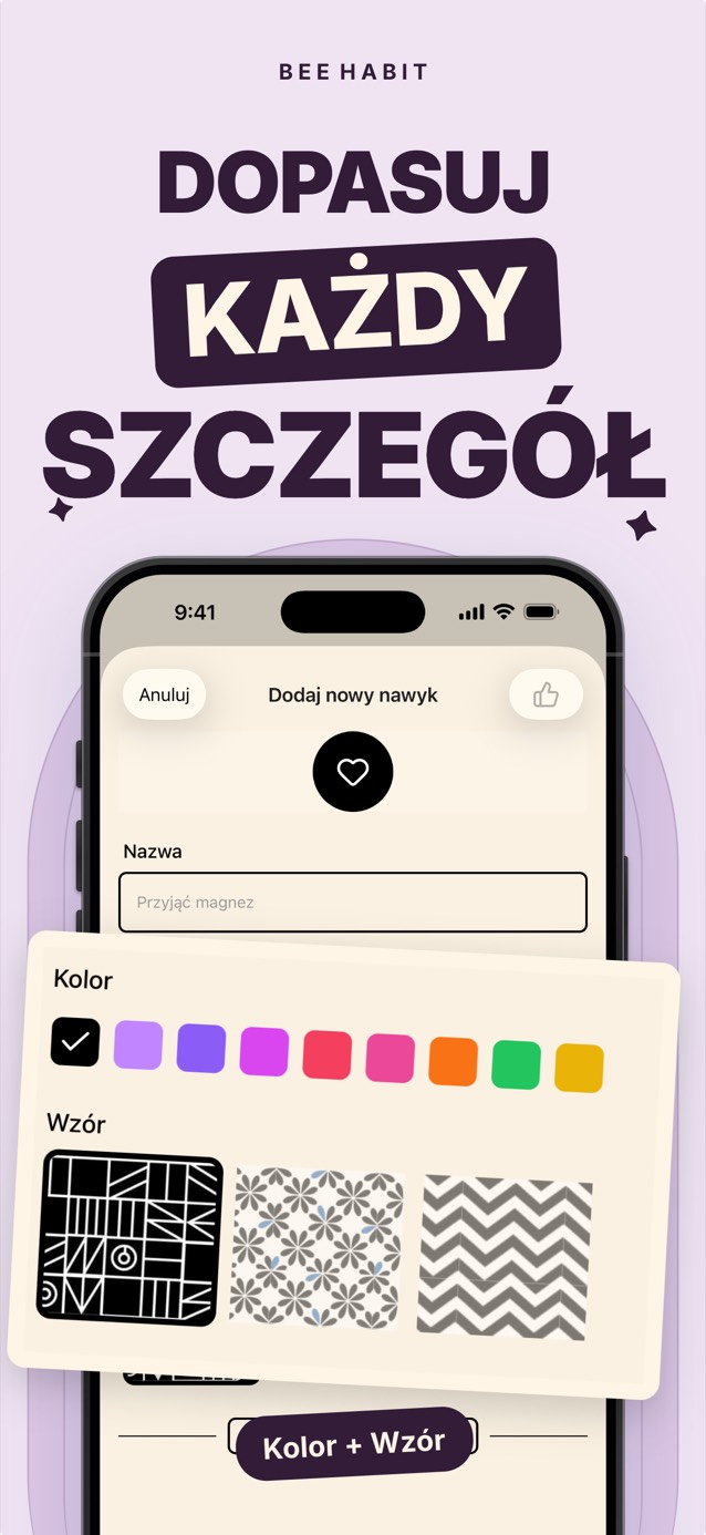 Edytor nawyku w Bee Habit z paletą kolorów i wyborem wzorów kafelków