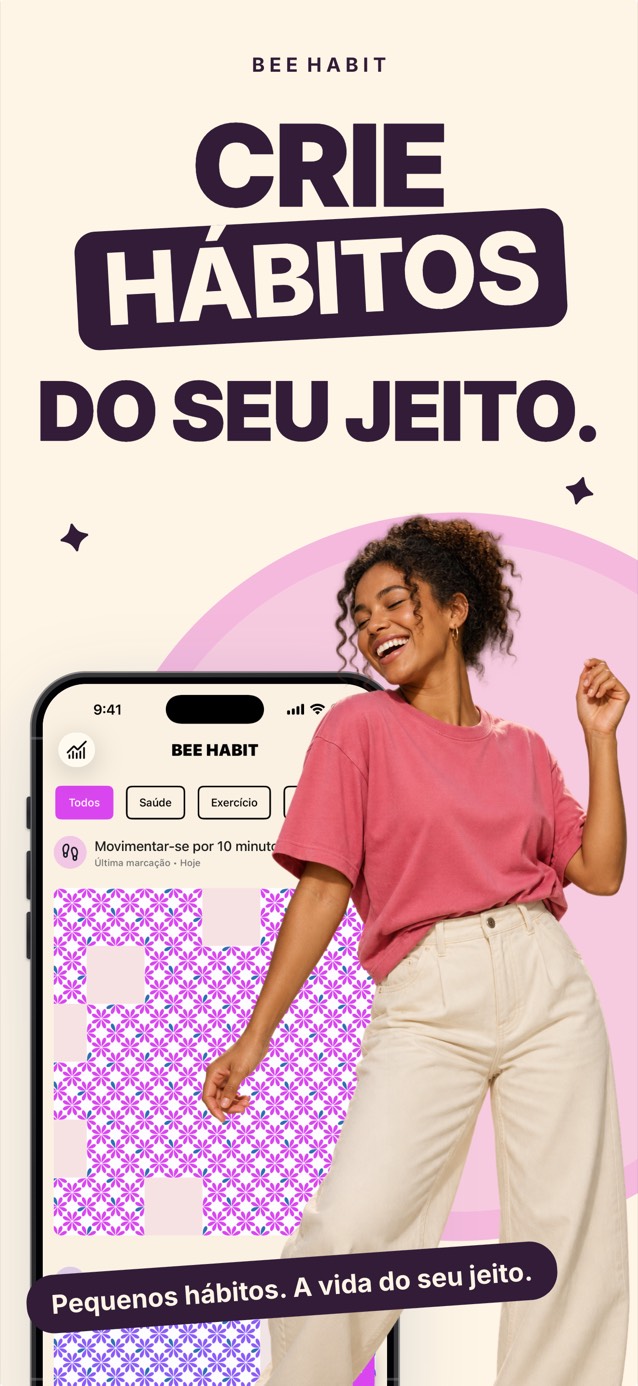 App Bee Habit mostrando uma grade de hábito preenchida com um padrão floral rosa, ao lado de uma mulher sorrindo e dançando