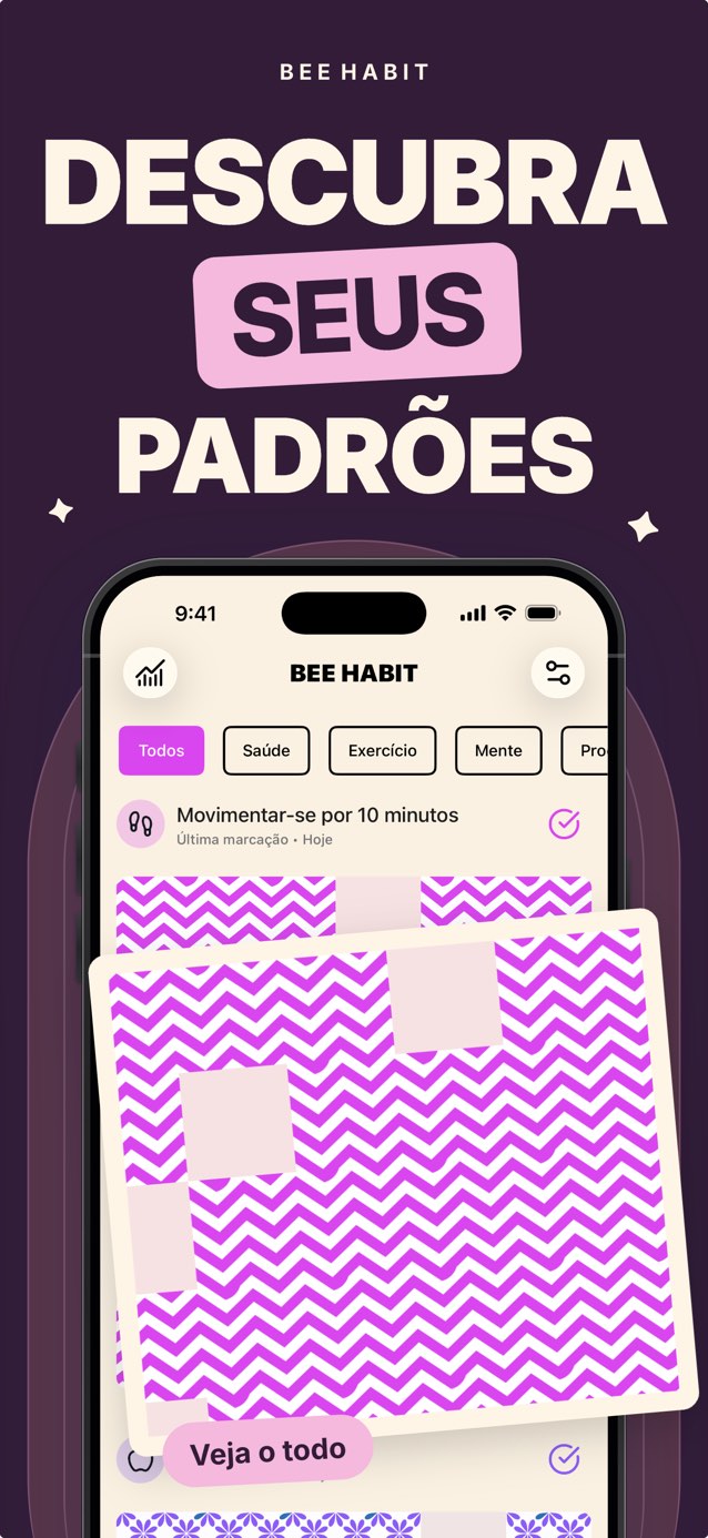 Grade de hábito no Bee Habit em que cada dia concluído é um quadradinho rosa com chevrons e os dias pulados são lacunas