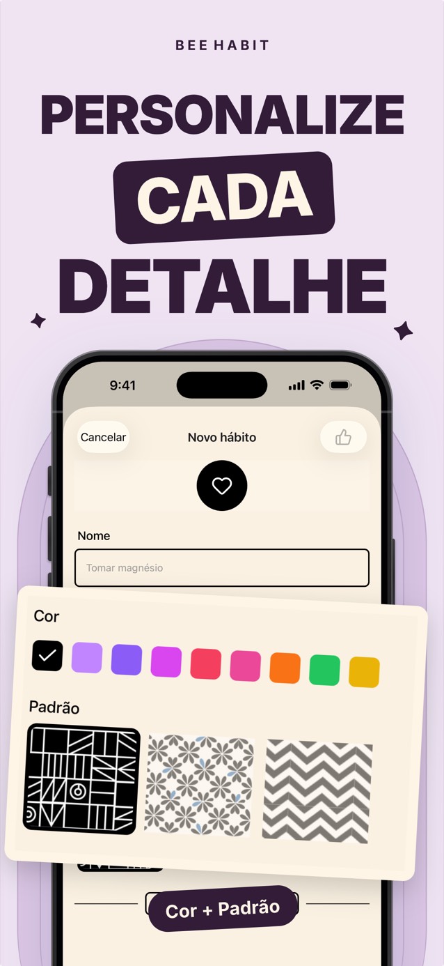 Editor de hábitos do Bee Habit com uma paleta de cores e uma seleção de padrões