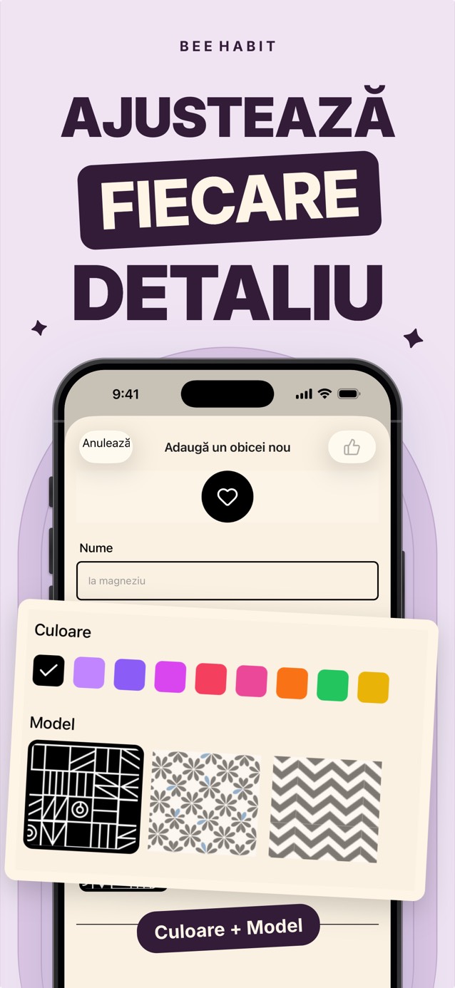 Editorul de obiceiuri din Bee Habit, cu o paletă de culori și o selecție de modele