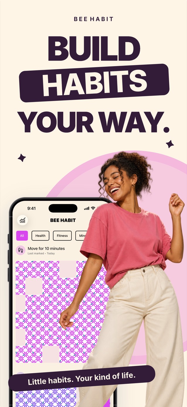 Bee Habit app showing a habit grid filled with a pink floral pattern, next to a smiling woman dancing