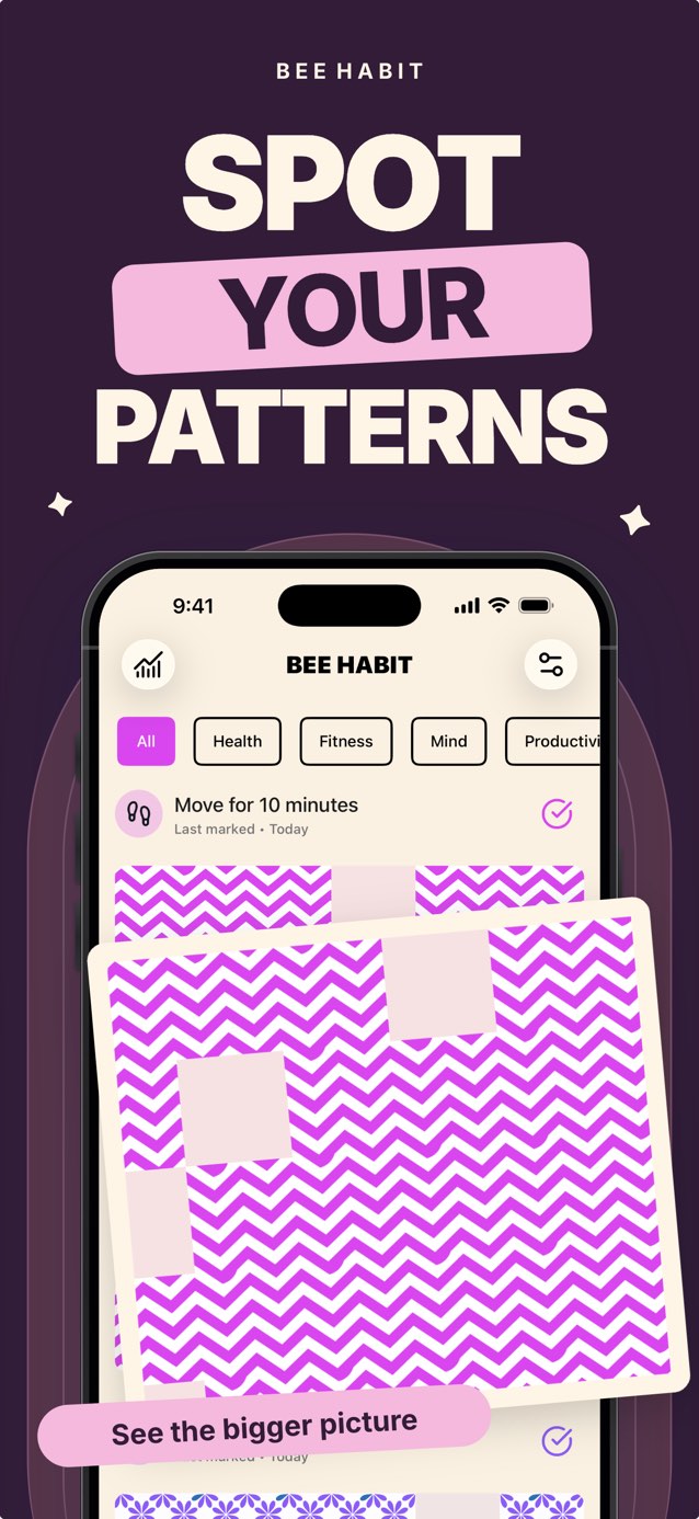 Habit grid in Bee Habit where each completed day is a pink chevron tile and missed days are plain gaps