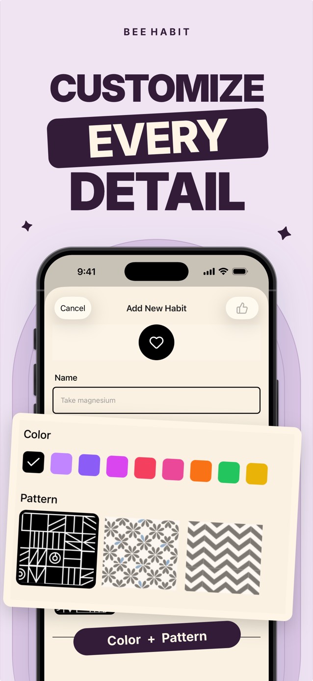 Bee Habit's habit editor with a color palette and a choice of tile patterns