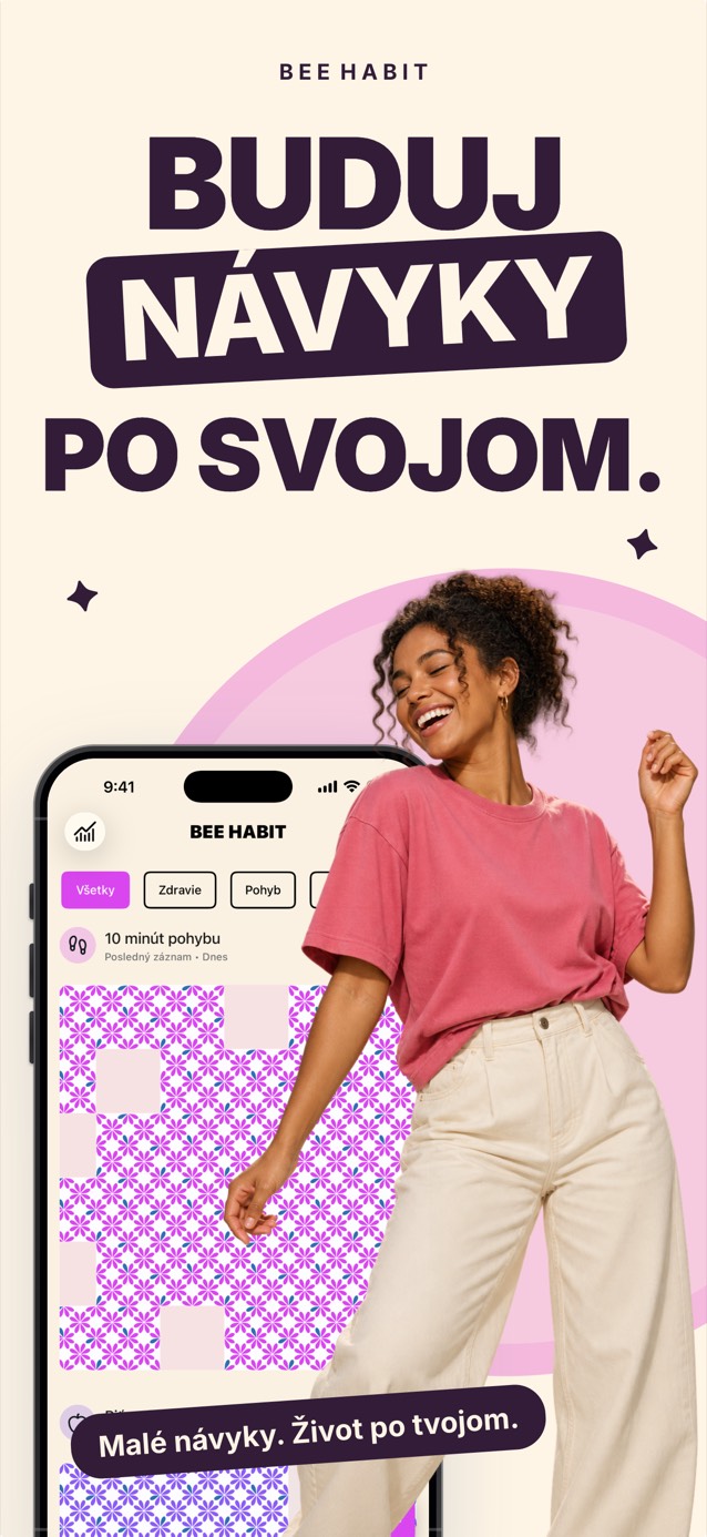 Aplikácia Bee Habit s mriežkou návyku vyplnenou ružovým kvetinovým vzorom, vedľa usmiata tancujúca žena