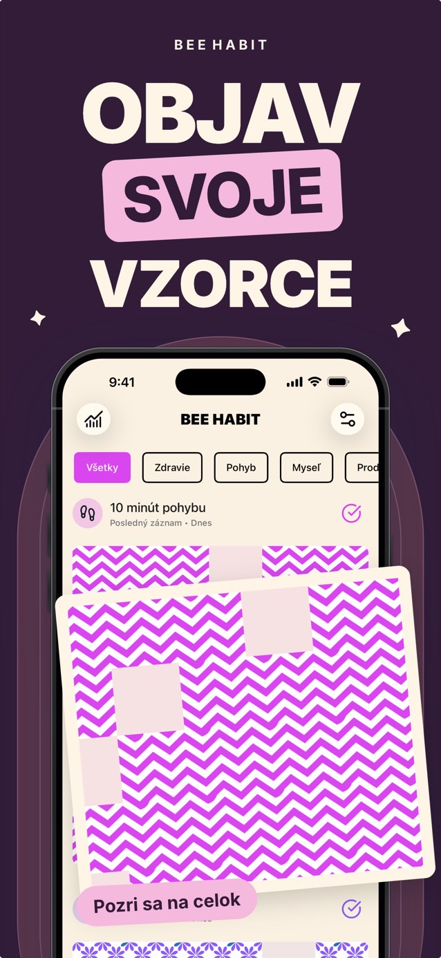 Mriežka návyku v Bee Habit, kde je každý splnený deň ružová dlaždica s cik-cak vzorom a vynechané dni sú prázdne miesta