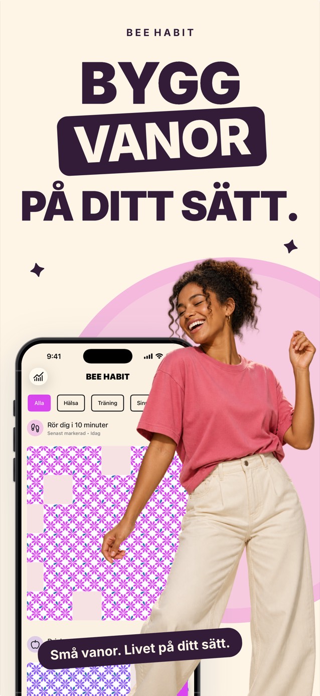Bee Habit-appen med ett vanerutnät fyllt av ett rosa blommönster, bredvid en leende kvinna som dansar
