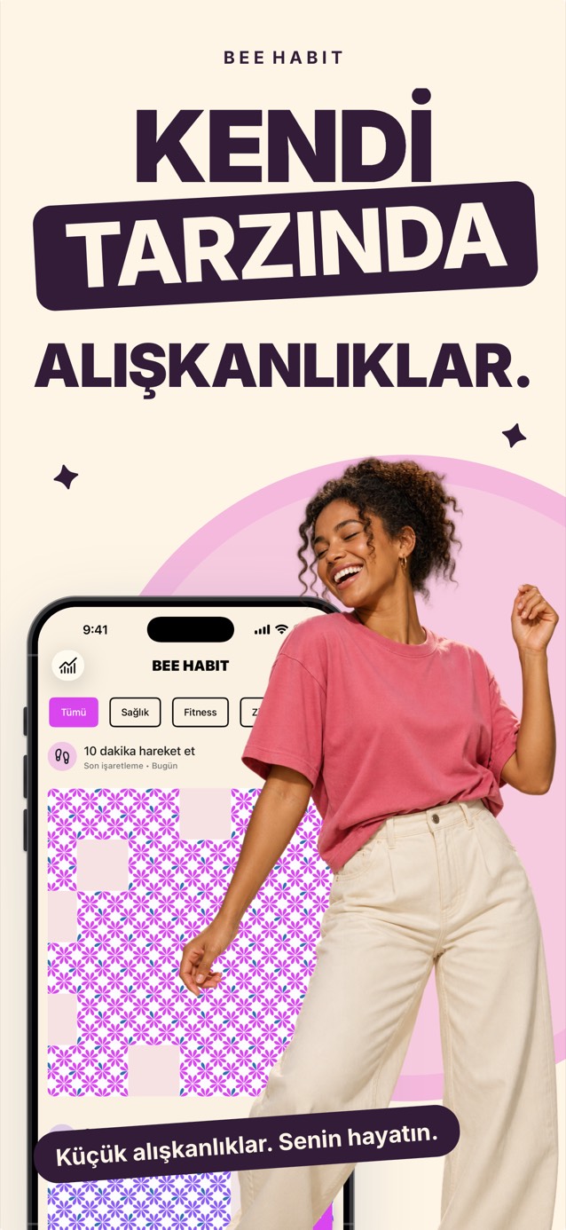 Pembe çiçek deseniyle dolmuş bir alışkanlık ızgarasını gösteren Bee Habit uygulaması, yanında dans eden gülümseyen bir kadın