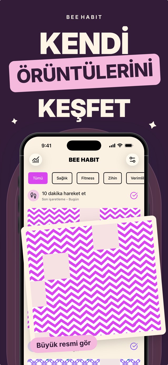 Bee Habit'te tamamlanan her günün pembe zikzak bir kare olduğu, kaçırılan günlerin boş kaldığı alışkanlık ızgarası