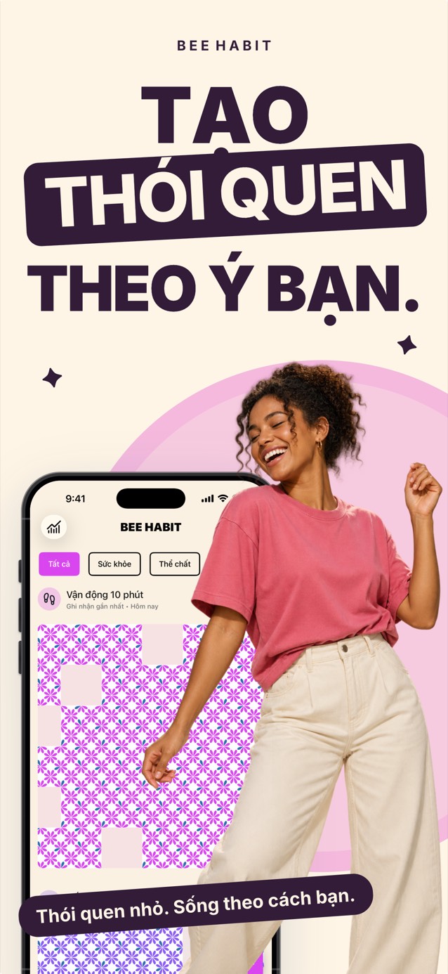 App Bee Habit với lưới thói quen phủ họa tiết hoa hồng, bên cạnh một cô gái đang cười và nhảy múa