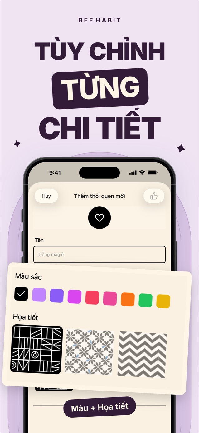 Trình chỉnh sửa thói quen của Bee Habit với bảng màu và các lựa chọn họa tiết ô